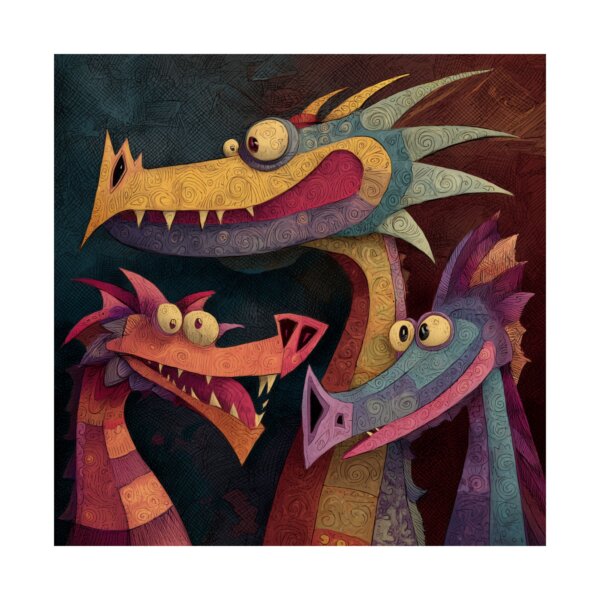 Colorful Dragon Trio Vertical Poster | Whimsical Wall Decor, Kids Room, Fantasy Art, Gift Idea, Home Decor