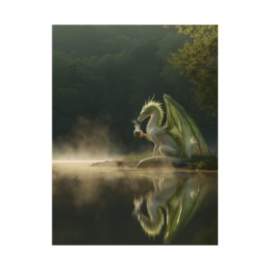 Fantasy Dragon Art Print, Coffee at the Lake, Matte Vertical Poster, Wall Decor, Dragon Lover Gift, Nature Artwork, Home Aesthetic, Magical Decor