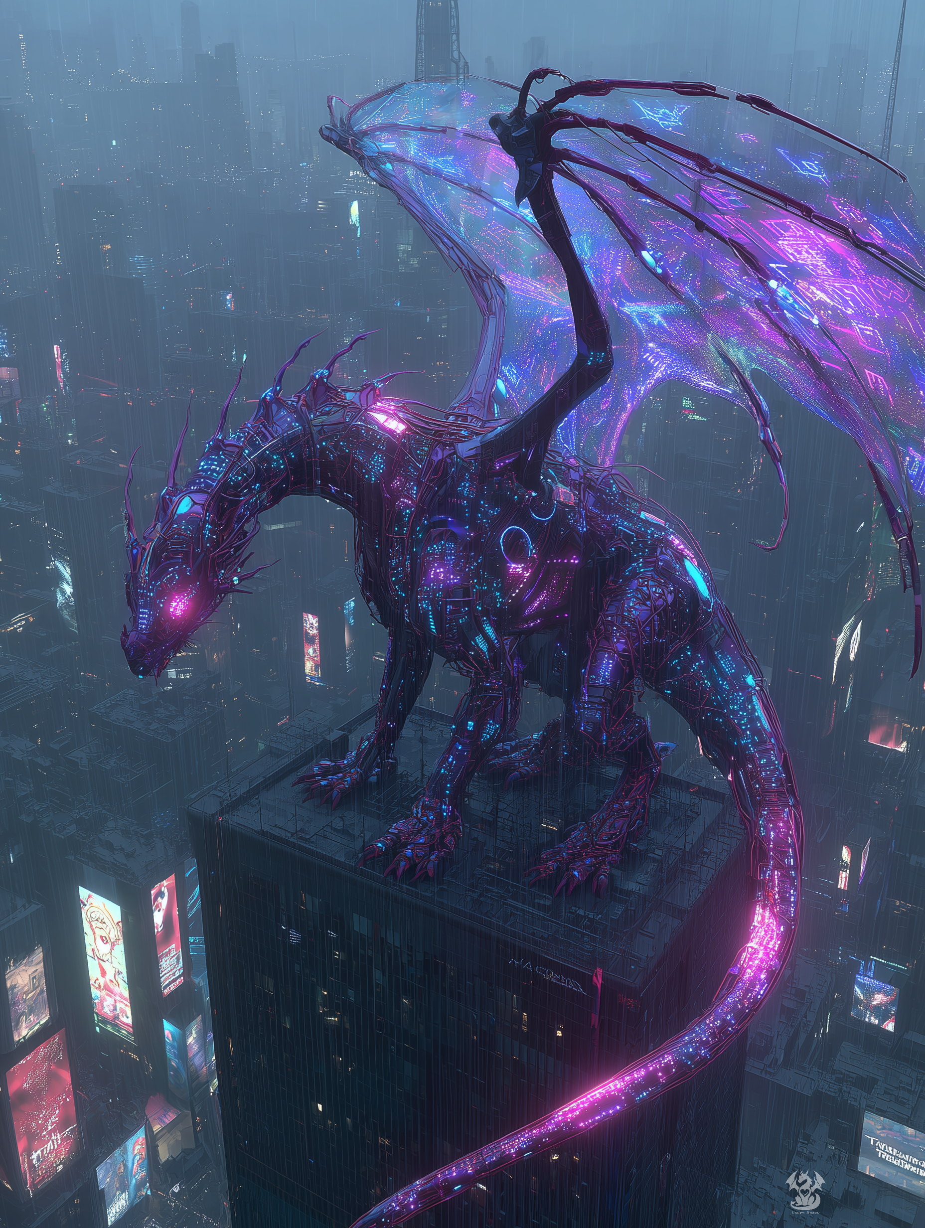 A luminous AI dragon with translucent wings and glowing circuitry perches atop a skyscraper in a neon-drenched cyberpunk city, embodying a fusion of myth, technology, and serene intelligence.