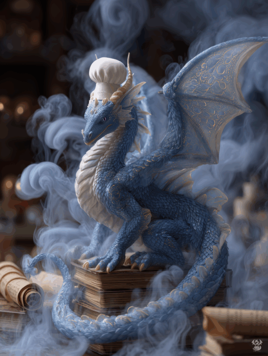 A frosty dragon with shimmering ice cream–textured scales, wearing a chef’s hat, perched atop a hoard of ancient dessert scrolls amid a swirl of magical frost and sugar crystals.