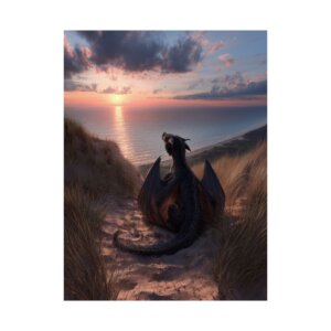 Dragon on the Dunes at Sunset Poster Art, Wall Decor for Home, Gift for Fantasy Lovers, Unique Room Decor, Dreamy Landscape Print