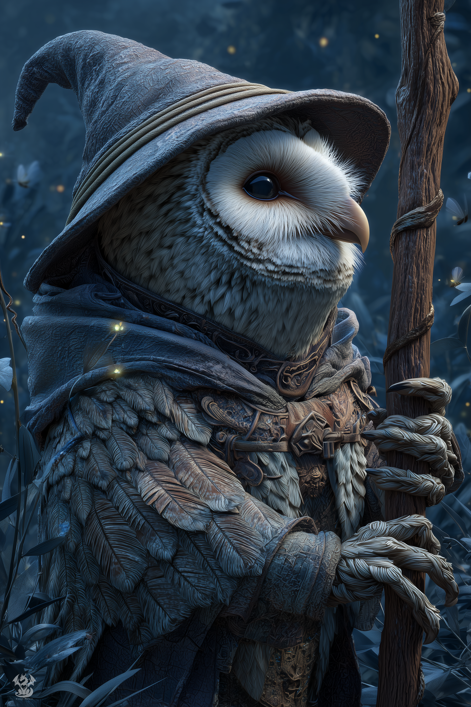 edelric the wise, an owl and hoot wizard, bearing his vine-wrapped elderwood staff among fireflies at night in the Whispering Wood