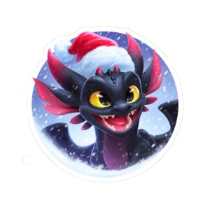 Christmas Dragon Kiss-Cut Sticker — Cute Black Dragon in Santa Hat, Holiday Laptop Decal