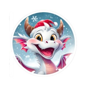 Christmas Dragon Kiss-Cut Sticker -- Cute White Dragon in Santa Hat, Holiday Decal, Stocking Stuffer