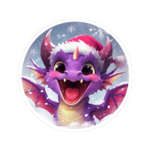 Christmas Dragon Kiss-Cut Sticker -- Cute Purple Dragon in Santa Hat, Holiday Decal, Stocking Stuffer