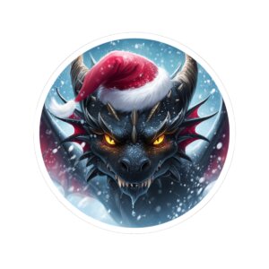 Christmas Dragon Kiss-Cut Sticker -- Fierce Black Dragon in Santa Hat, Holiday Decal, Stocking Stuffer