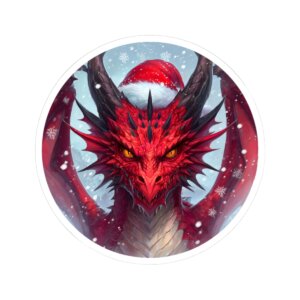 Christmas Dragon Kiss-Cut Sticker -- Fierce Red Dragon in Santa Hat, Holiday Decal, Stocking Stuffer
