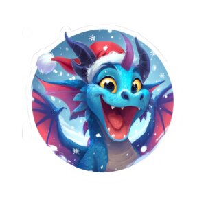 Christmas Dragon Kiss-Cut Sticker -- Cute Blue Dragon in Santa Hat, Holiday Decal, Stocking Stuffer