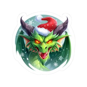 Christmas Dragon Kiss-Cut Sticker -- Fierce Green Dragon in Santa Hat, Holiday Decal, Stocking Stuffer
