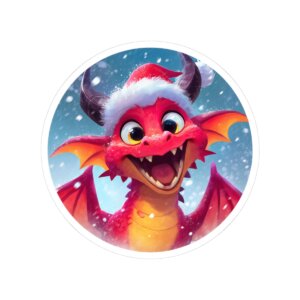 Christmas Dragon Kiss-Cut Sticker -- Cute Red Dragon in Santa Hat, Holiday Decal, Stocking Stuffer