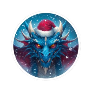 Christmas Dragon Kiss-Cut Sticker -- Fierce Blue Dragon in Santa Hat, Holiday Decal, Stocking Stuffer
