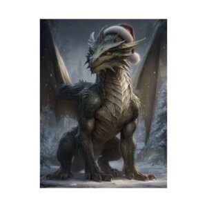 Christmas Dragon Matte Poster — Green Dragon Wearing Santa Hat, Festive Fantasy Wall Art