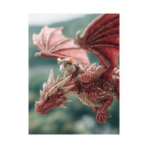 Dragon Rider Mouse Poster - Brave Mouse on Dragon - Matte Vertical Fantasy Art Print