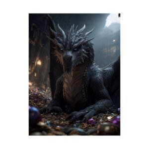 Blue-Eyed Treasure Dragon Poster - Black Dragon's Hoard - Fantasy Matte Vertical Wall Art