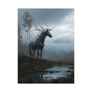 Mystic Woodland Unicorn Poster - Living Birch Tree - Matte Vertical Fantasy Art Print