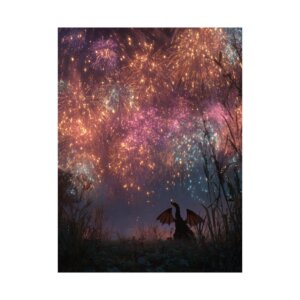 Dragon Watching Fireworks - New Year's Eve - Independence Day - Matte Vertical Poster