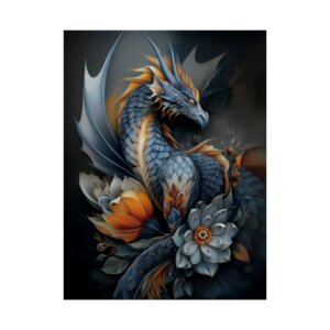 Mythic Blue Dragon Matte Poster — Fantasy Dragon and Floral Wall Art Print