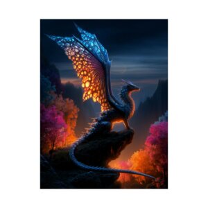 Chromawing Dragon Poster – Bioluminescent Fantasy Creature with Stained Glass Wings – Matte Vertical Wall Art