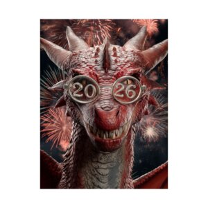 2026 New Year's Eve Dragon Poster - Red Dragon Wearing “2026” Glasses - Fireworks Matte Vertical Print