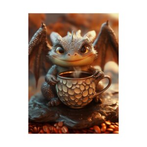 Cute Baby Dragon Poster — Coffee Dragon Matte Vertical Wall Art (Cozy Fantasy Decor)