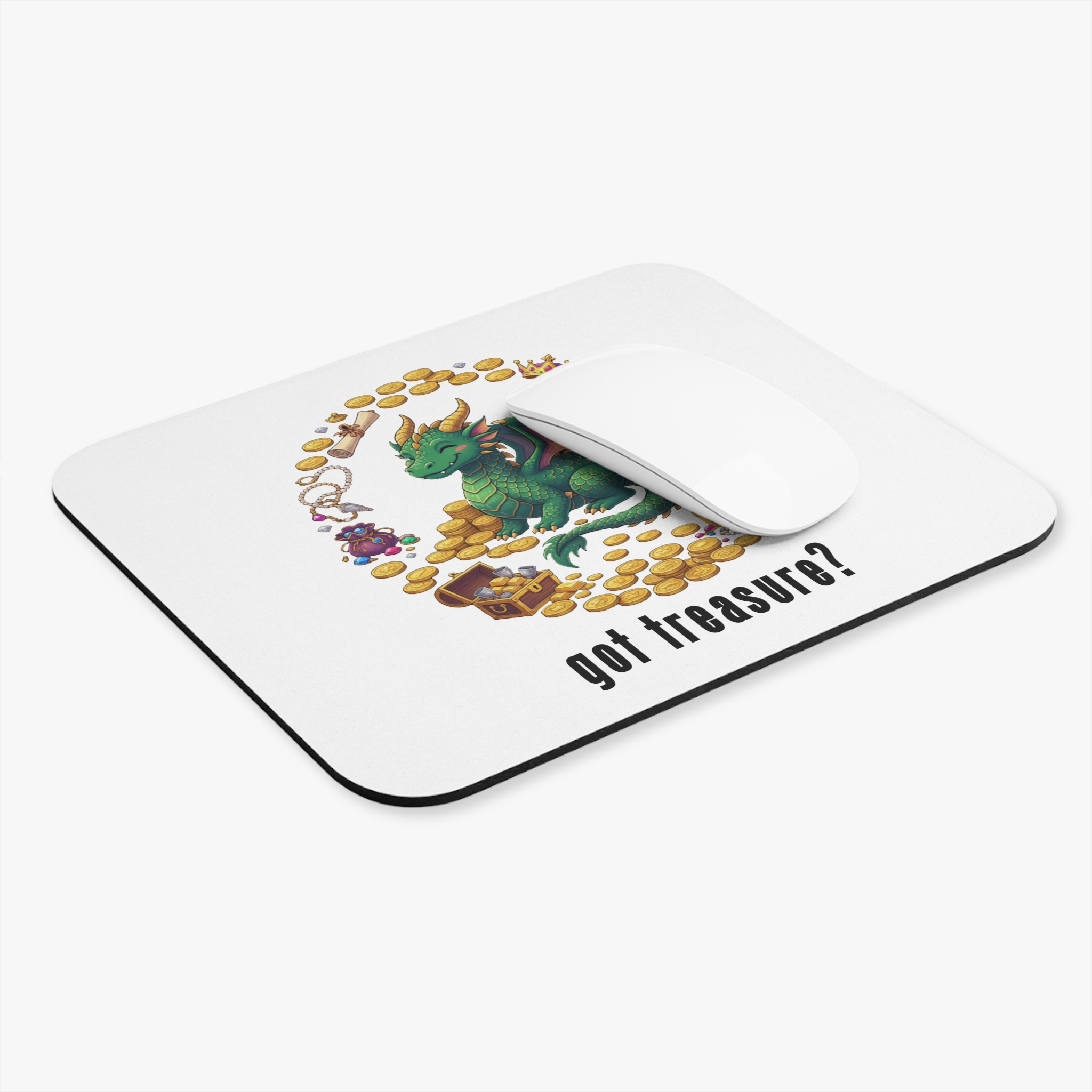 Got Treasure Dragon Mouse Pad — Cute Green Dragon on Gold Coin Hoard - Image 2