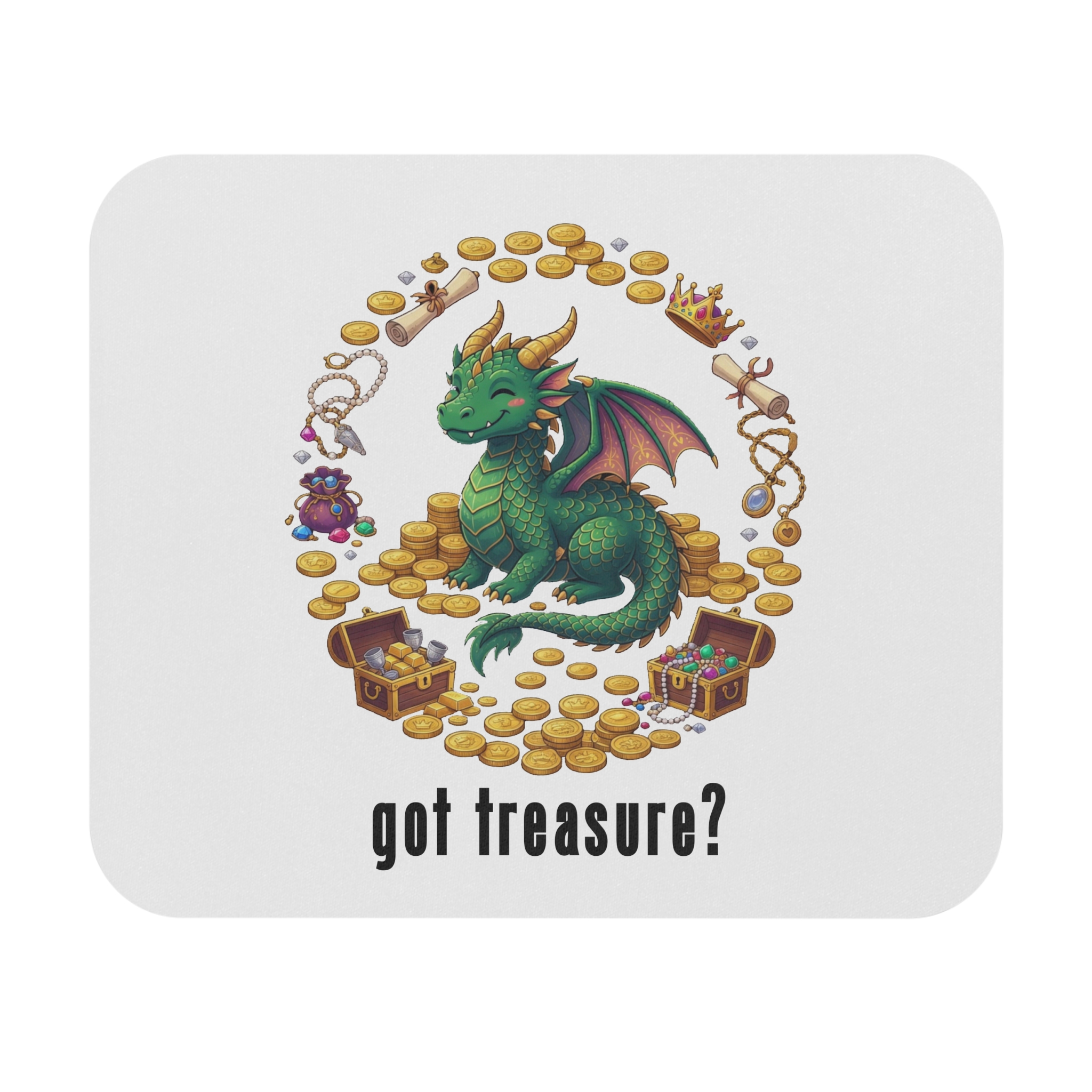 Got Treasure Dragon Mouse Pad — Cute Green Dragon on Gold Coin Hoard